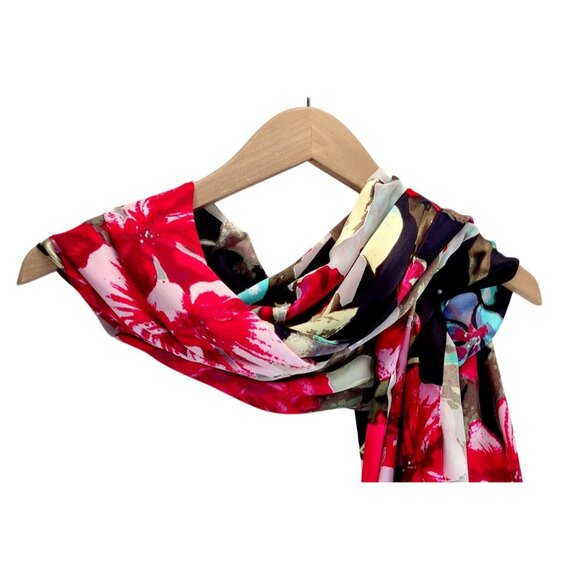 Scarf Floral Pink Blue XIIX SilkLike 72"x20" Rectangle Roses Dahlia Heads Garden - Picture 7 of 10